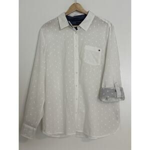 Tommy Hilfiger Shirt Womens XL White Polka Dot Long Sleeve Button Down
